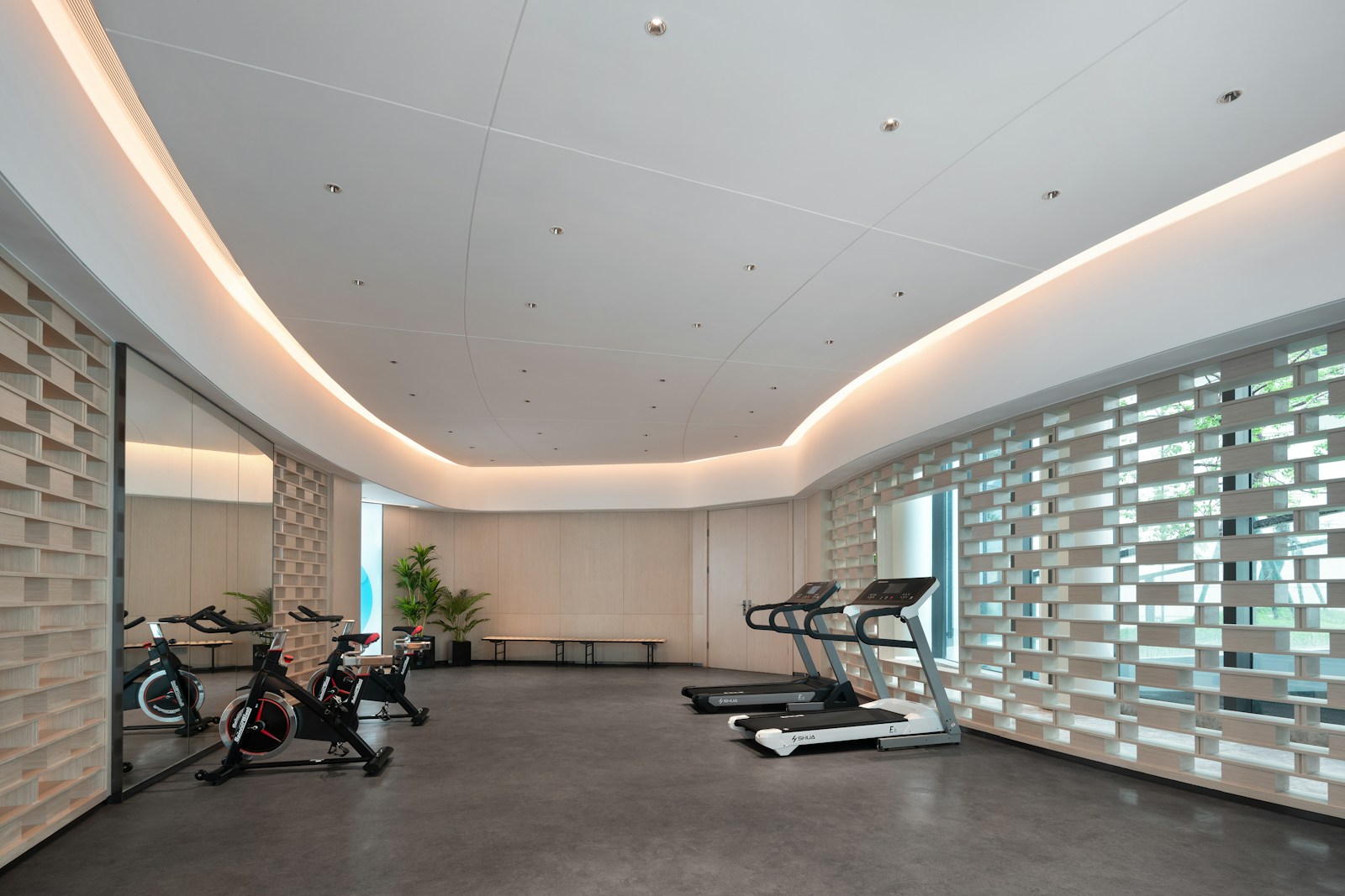 Interior of a modern gym studio with treadmills and exercise bikes